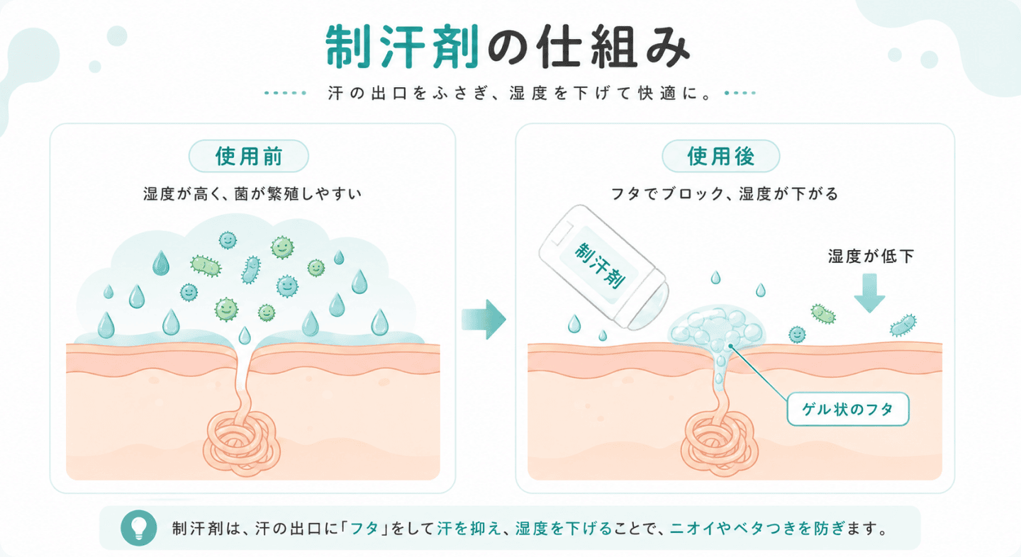 図1. 制汗剤が汗腺にフタをして発汗を抑え、湿度低下とともに菌の増殖を抑える仕組みを示した図